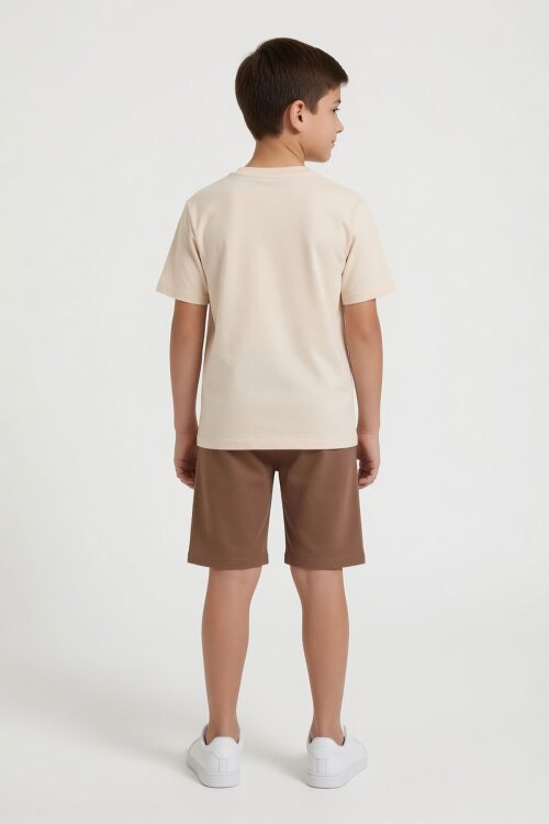 Kahverengi Palmiye Desenli Çizgili Tişörtlü Erkek Çocuk Şortlu 2li Takım 23932