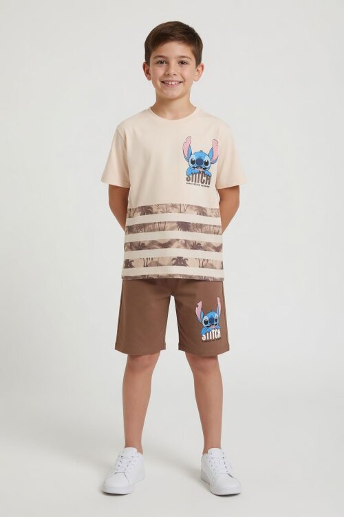 Kahverengi Palmiye Desenli Çizgili Tişörtlü Erkek Çocuk Şortlu 2li Takım 23932