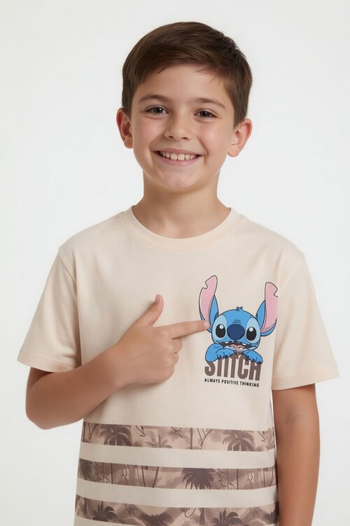 Kahverengi Palmiye Desenli Çizgili Tişörtlü Erkek Çocuk Şortlu 2li Takım 23932