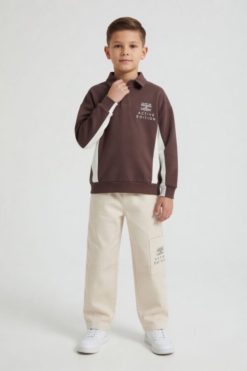 Kahverengi Polo Yaka Sweatshirt Keten Pantolonlu Erkek Çocuk Takım 24531