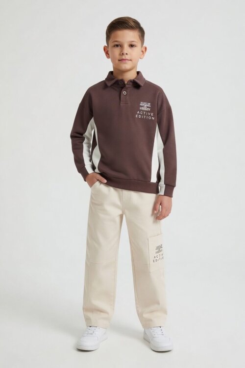Kahverengi Polo Yaka Sweatshirt Keten Pantolonlu Erkek Çocuk Takım 24531