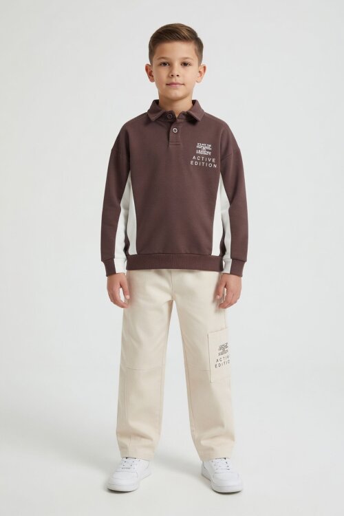 Kahverengi Polo Yaka Sweatshirt Keten Pantolonlu Erkek Çocuk Takım 24531