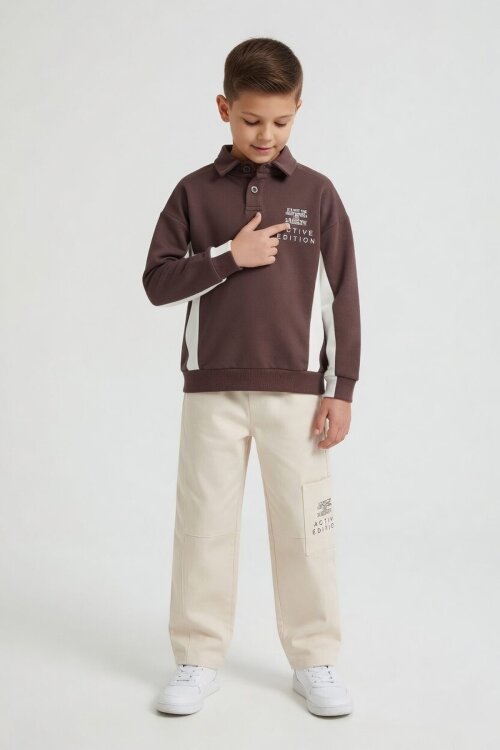 Kahverengi Polo Yaka Sweatshirt Keten Pantolonlu Erkek Çocuk Takım 24531