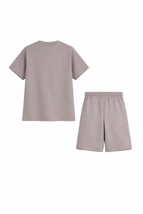 Kahverengi Şerit Desenli Logolu Tişörtlü Erkek Çocuk Şortlu Takım 23782