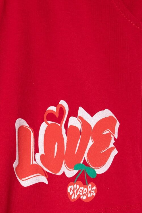 Kırmızı Kiraz Desenli Love Yazılı Tişörtlü Kız Çocuk Şortlu Takım 23897