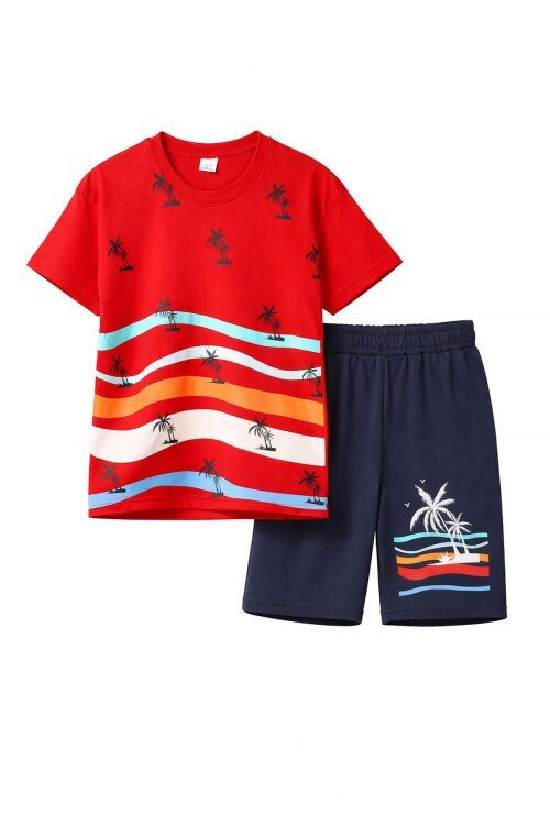Kırmızı Palmiye Desenli Bisiklet Yaka Erkek Çocuk Şortlu Takım 20623