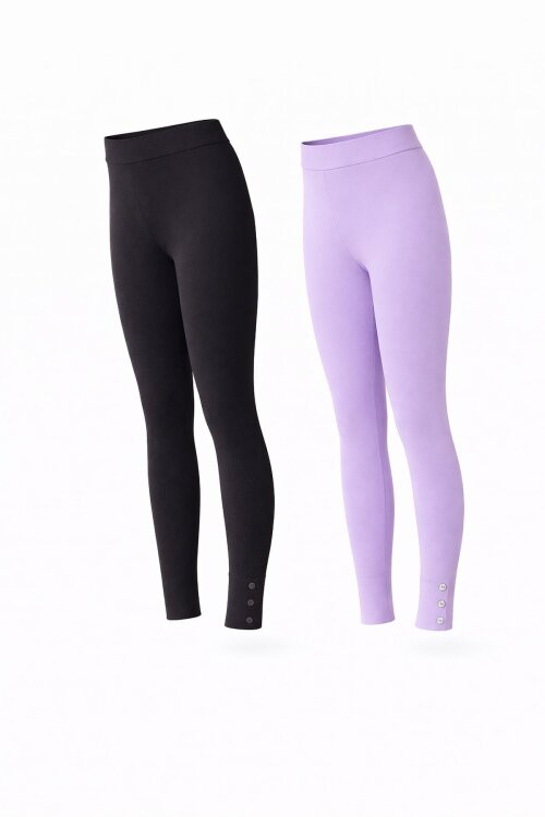 Kız Çocuk Paçası Düğme Detaylı 2li Düz Tayt Siyah-Lila 18203