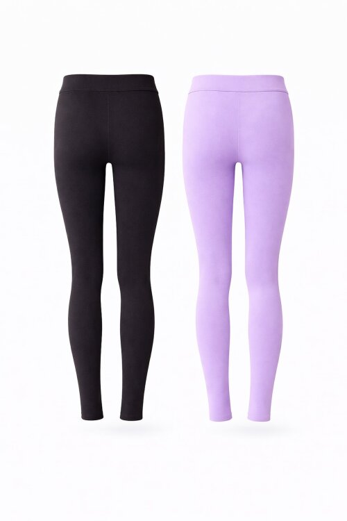 Kız Çocuk Paçası Düğme Detaylı 2li Düz Tayt Siyah-Lila 18203