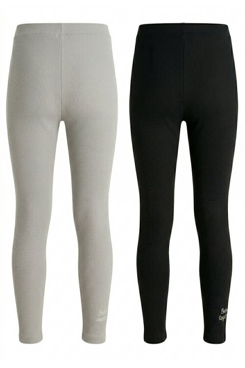 Kız Çocuk Yazı Nakışlı Fitilli Karşkorse 2li Tayt Siyah-Gri 18274