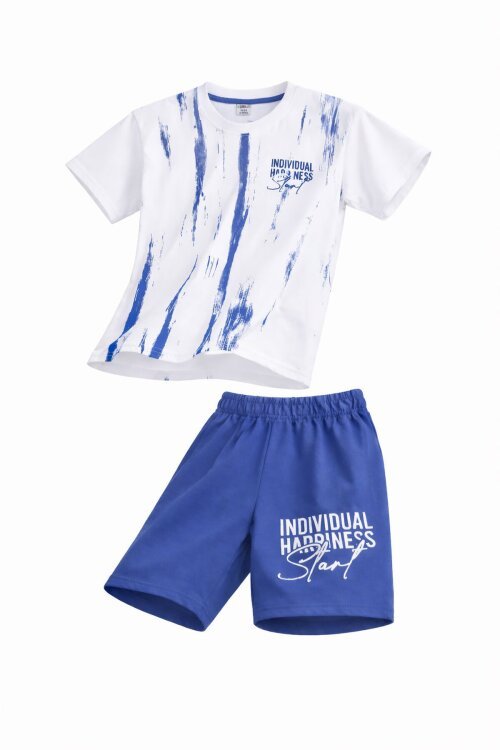 Koyu Mavi Desenli Tişörtlü Erkek Çocuk Yazı Baskılı Şortlu Takım 23789