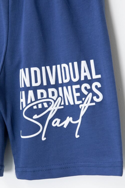 Koyu Mavi Desenli Tişörtlü Erkek Çocuk Yazı Baskılı Şortlu Takım 23789