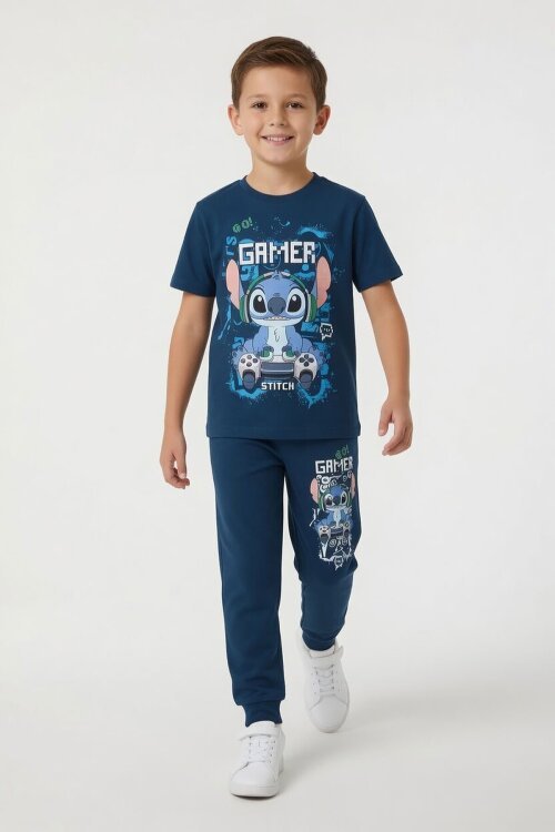 Koyu Mavi Gamer Karakter Baskılı Tişörtlü Erkek Çocuk Eşofman Takımı  23877