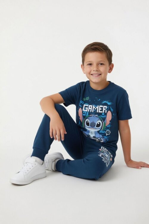 Koyu Mavi Gamer Karakter Baskılı Tişörtlü Erkek Çocuk Eşofman Takımı  23877