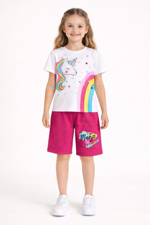 Koyu Pembe Unicorn Baskılı Simli Kız Çocuk Tişörtlü Şortlu Takım 23797