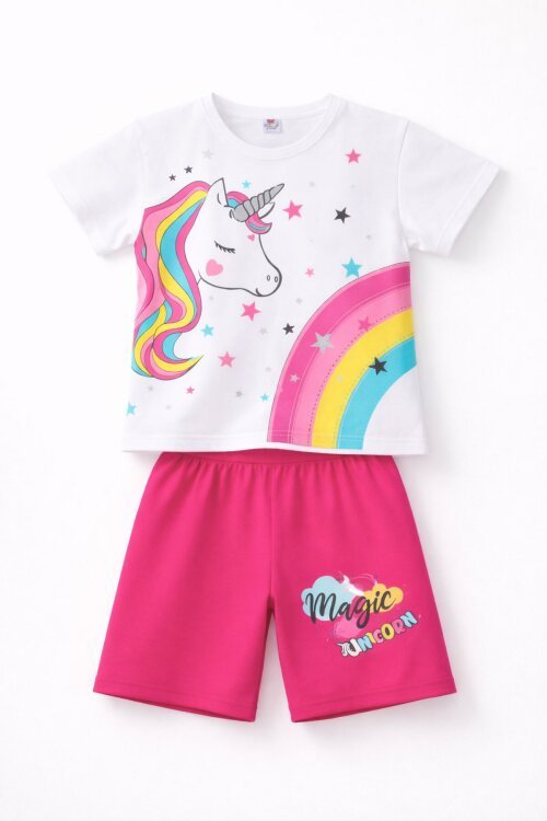 Koyu Pembe Unicorn Baskılı Simli Kız Çocuk Tişörtlü Şortlu Takım 23797