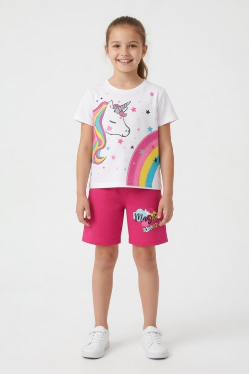 Koyu Pembe Unicorn Baskılı Simli Kız Çocuk Tişörtlü Şortlu Takım 23797
