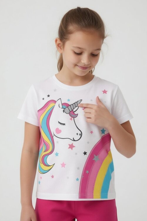 Koyu Pembe Unicorn Baskılı Simli Kız Çocuk Tişörtlü Şortlu Takım 23797