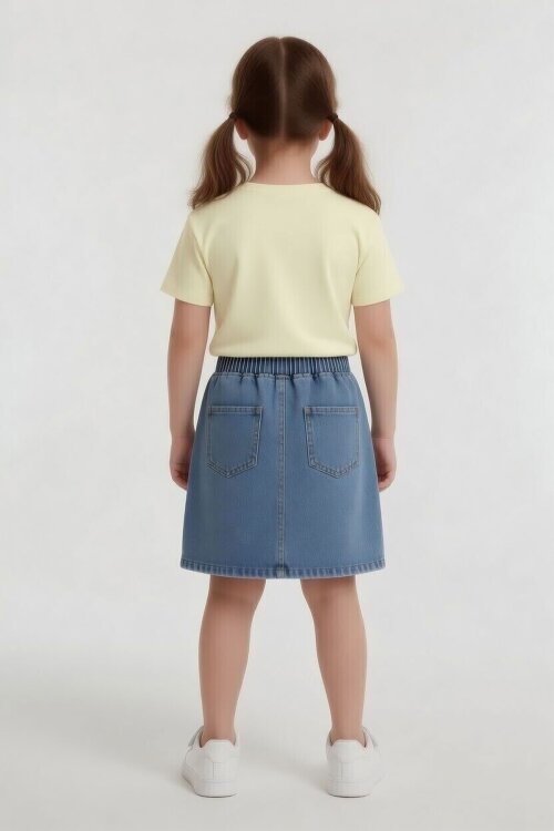Krem Çiçek Nakışlı Taşlı Jean Etekli Badili Kız Çocuk 2li Takım 24050