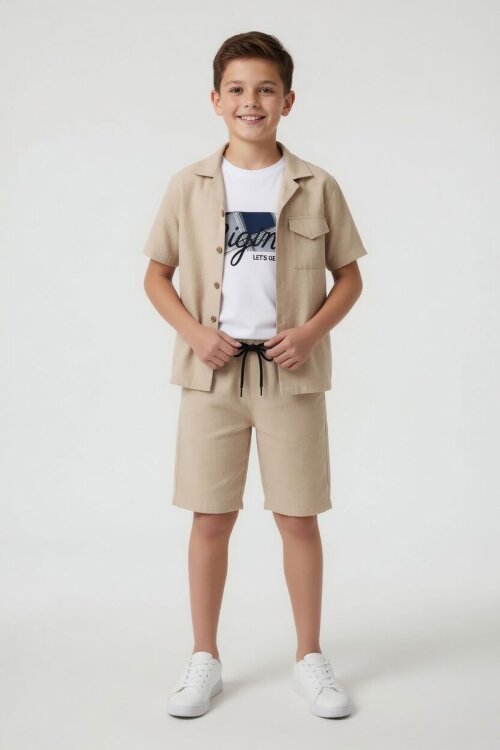 Krem Erkek Çocuk Keten Gömlekli Shortlu 3lü Takım 24583