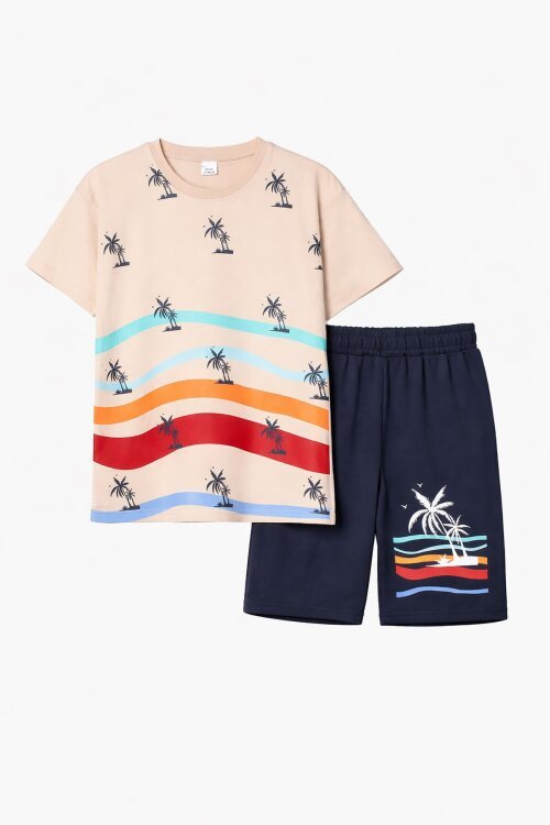 Krem Palmiye Desenli Bisiklet Yaka Erkek Çocuk Şortlu Takım 20626