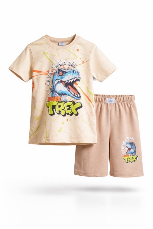 Krem T-rex Baskılı Yazılı Erkek Çocuk Şortlu Takım 18709