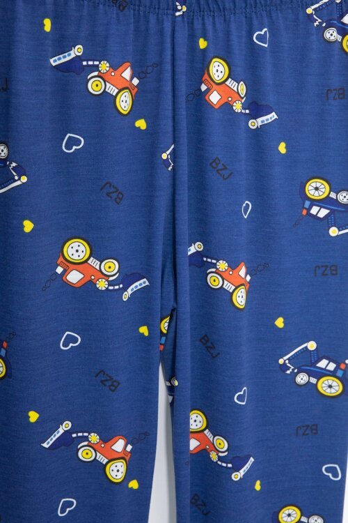 Lacivert Araba Desenli Düğmeli Erkek Çocuk Kısa Kol Pijama Takımı 23823