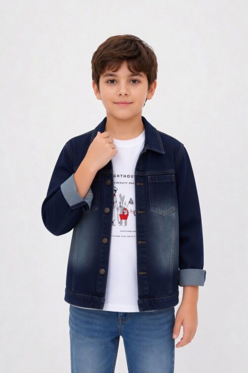 Lacivert Baskılı Tişörtlü Erkek Çocuk Jean Gömlek Takımı  24163