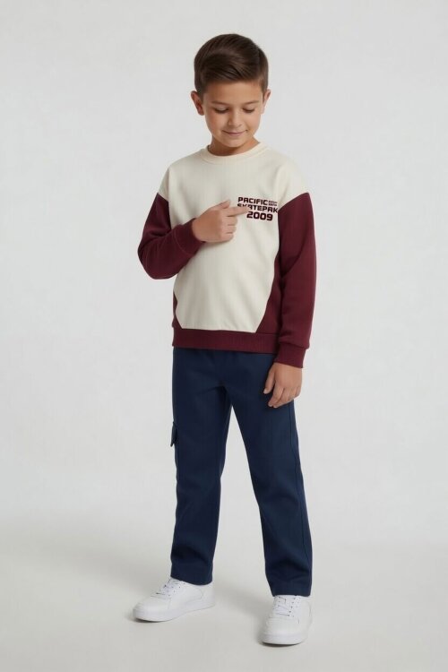 Lacivert Kahve Erkek Çocuk Keten Pantolonlu Sweatshirt 2li Takım 24515