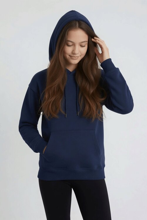 Lacivert Kız Çocuk Kanguru Cepli Şardonlu Kapüşonlu Sweatshirt 24689