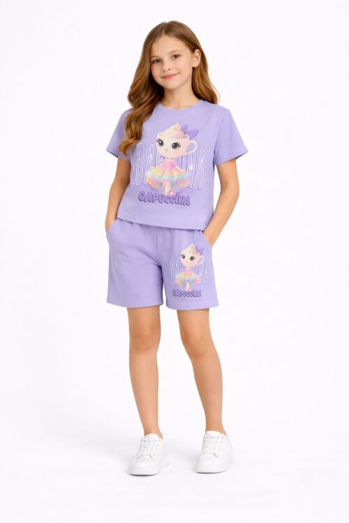 Lila Balerin Desenli Tişörtlü Kız Çocuk Şortlu 2li Takım 23879