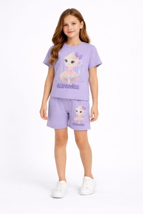 Lila Balerin Desenli Tişörtlü Kız Çocuk Şortlu 2li Takım 23879