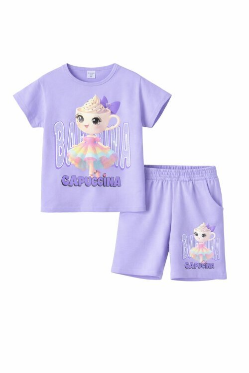 Lila Balerin Desenli Tişörtlü Kız Çocuk Şortlu 2li Takım 23879