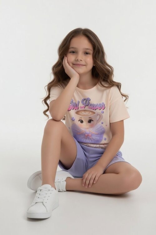 Lila Balerin Desenli Tişörtlü Kız Çocuk Şortlu 2li Takım 23879