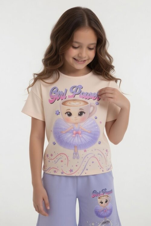 Lila Balerin Desenli Tişörtlü Kız Çocuk Şortlu 2li Takım 23879