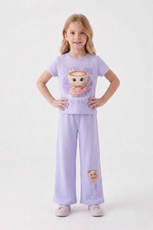 Lila Ballerin Baskılı Geniş Paça Taytlı Kız Çocuk 2li Takım  23799