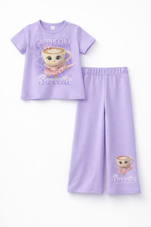 Lila Ballerin Baskılı Geniş Paça Taytlı Kız Çocuk 2li Takım  23799