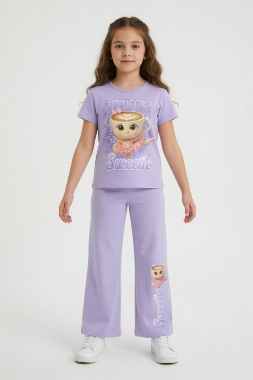 Lila Ballerin Baskılı Geniş Paça Taytlı Kız Çocuk 2li Takım  23799