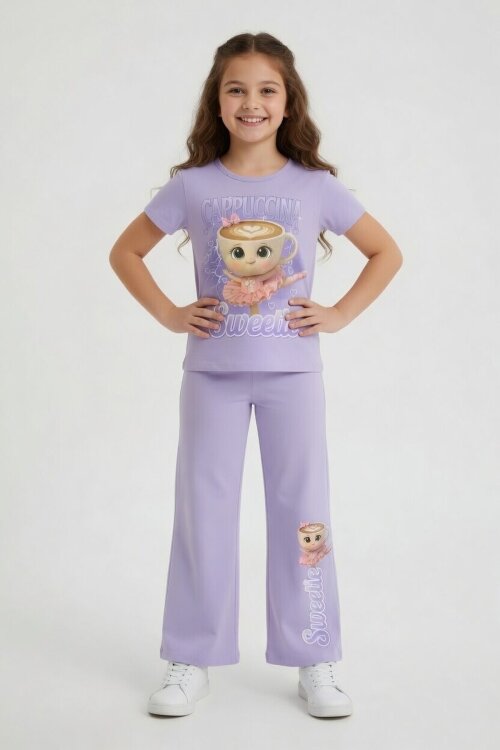 Lila Ballerin Baskılı Geniş Paça Taytlı Kız Çocuk 2li Takım  23799
