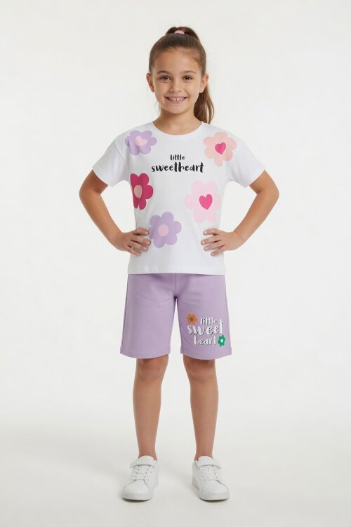 Lila Çiçek Desenli Tişörtlü Kız Çocuk Şortlu 2 Takım 23852