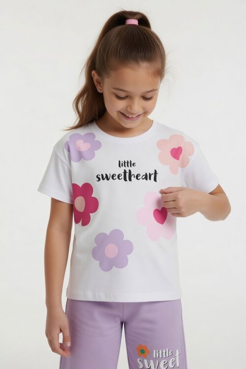 Lila Çiçek Desenli Tişörtlü Kız Çocuk Şortlu 2 Takım 23852