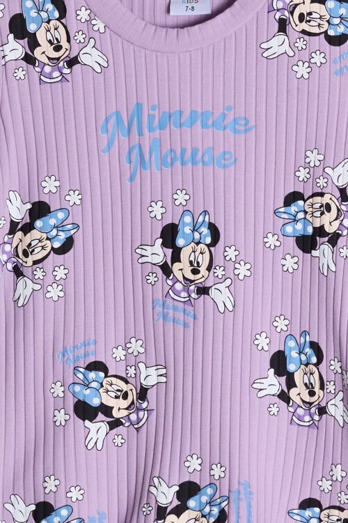 Lila Çiçekli Minnie Desenli Badili Jean Salopetli Kız Çocuk Takım 24090
