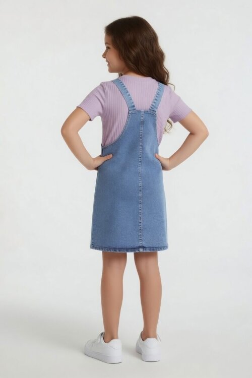 Lila Çiçekli Minnie Desenli Badili Jean Salopetli Kız Çocuk Takım 24090