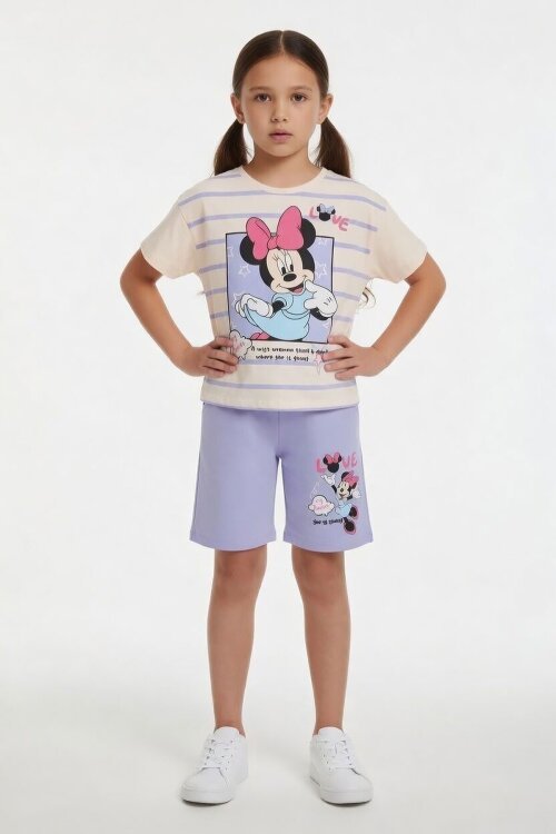 Lila Çizgi Desenli Karakter Baskılı Kız Çocuk Tişörtlü Şortlu Takım 23869