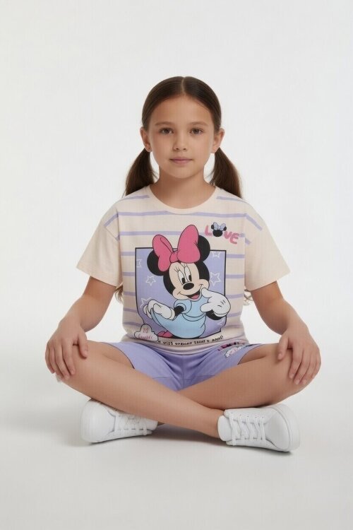 Lila Çizgi Desenli Karakter Baskılı Kız Çocuk Tişörtlü Şortlu Takım 23869