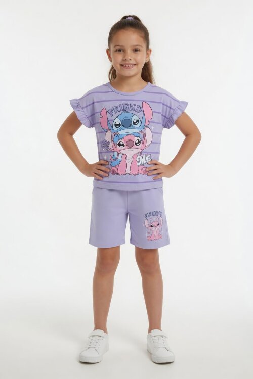 Lila Çizgili Karakter Baskılı Fırfırlı Kız Çocuk Şortlu 2li Takım  23955