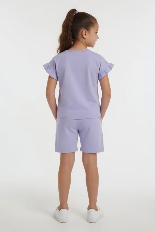 Lila Çizgili Karakter Baskılı Fırfırlı Kız Çocuk Şortlu 2li Takım  23955