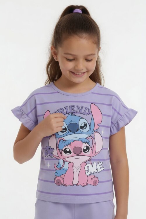 Lila Çizgili Karakter Baskılı Fırfırlı Kız Çocuk Şortlu 2li Takım  23955