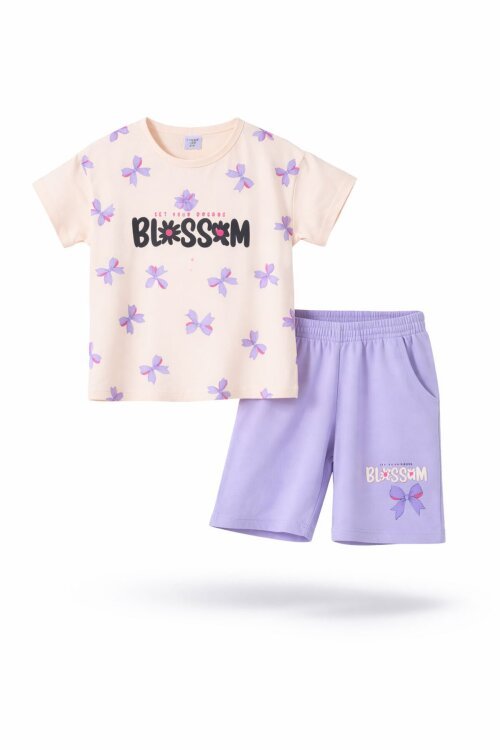 Lila Fiyonk Desenli Bisiklet Yaka Tişörtlü Kız Çocuk Şortlu Takım 23883