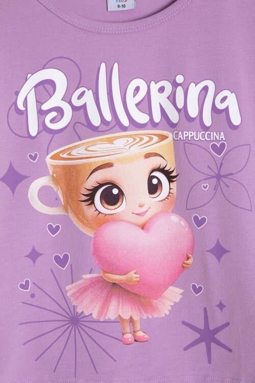 Lila Karakter Baskılı Tişörtlü Fitilli Pantolonlu Kız Çocuk 2li Takım 23830