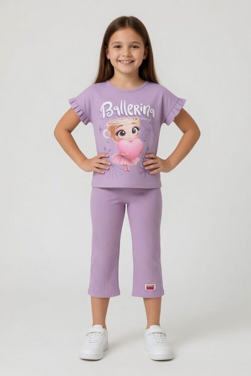 Lila Karakter Baskılı Tişörtlü Fitilli Pantolonlu Kız Çocuk 2li Takım 23830